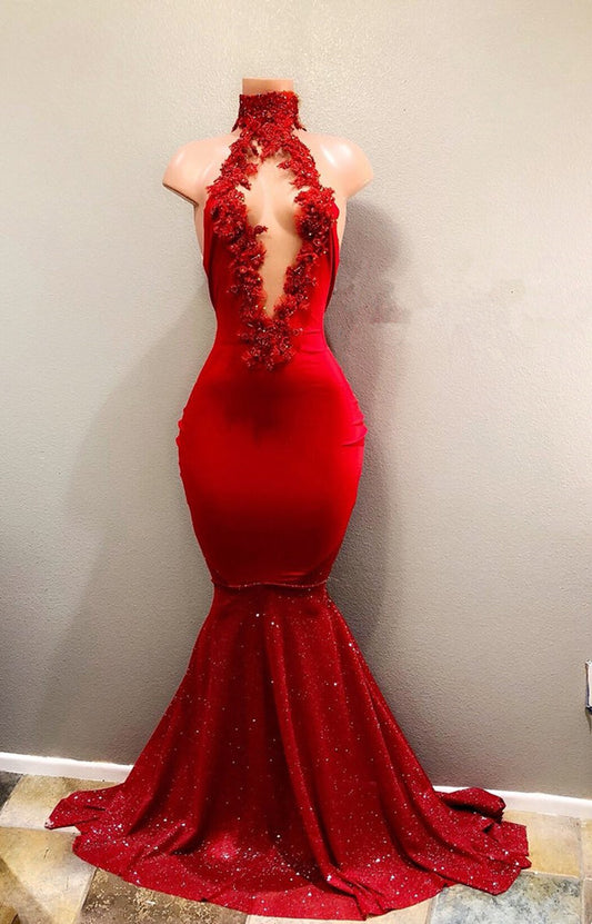 High Collar Red Mermaid Prom Dress Sequins
