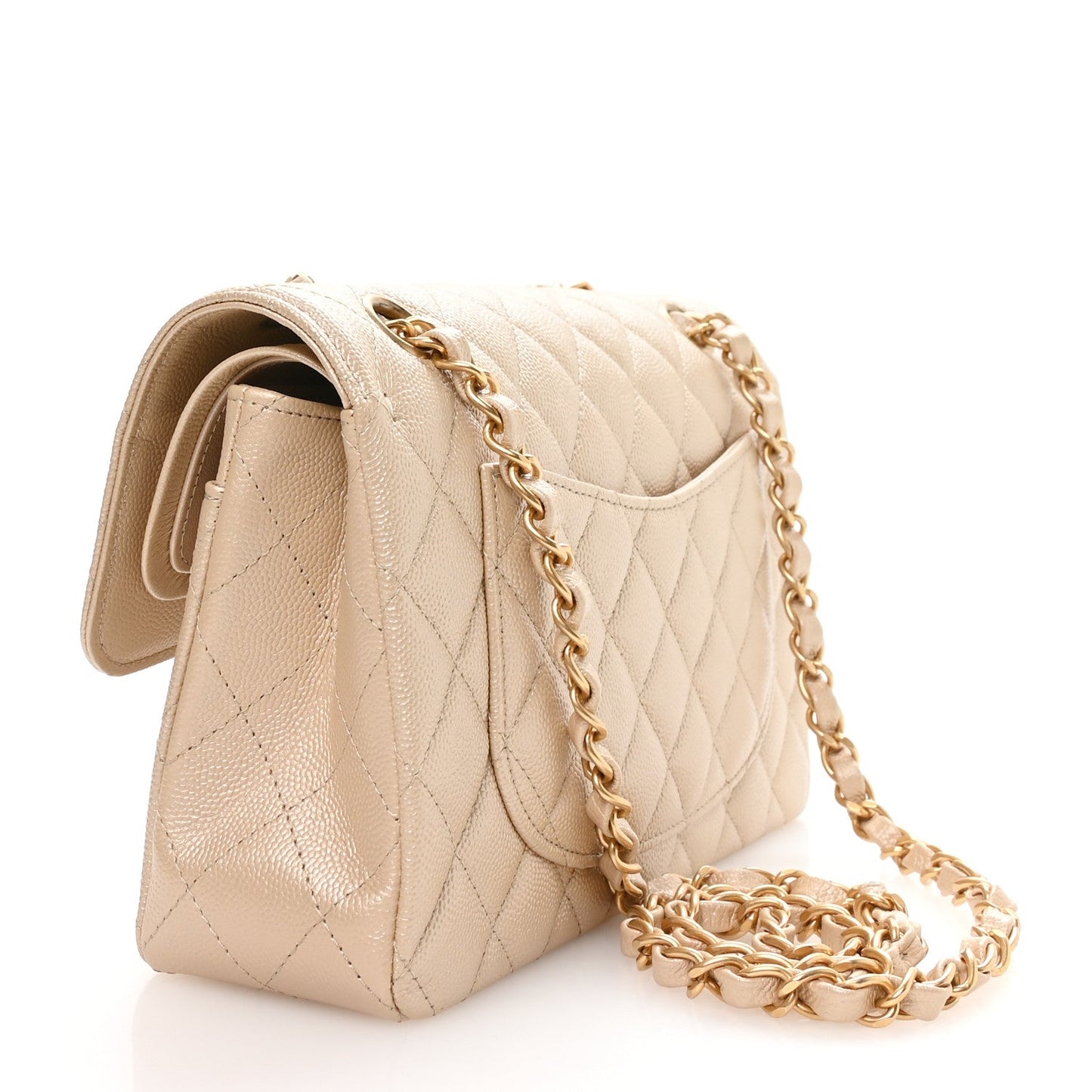 Metallic Caviar Quilted Small Double Flap Beige