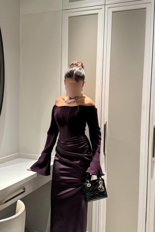 Chic Satin Regency Off the Shoulder Long Sleeves Mermaid Prom Dress with Pleated