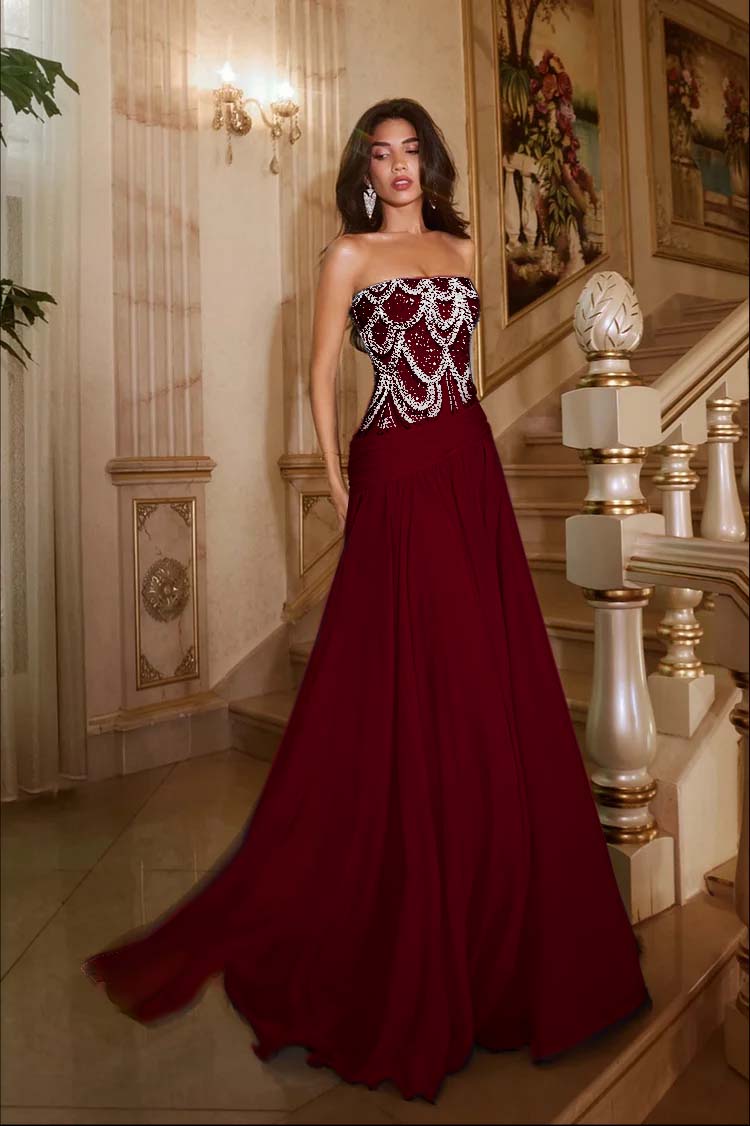 Exquisite DarkNavy Chiffon Sleeveless Strapless Evening Dress with Sequins