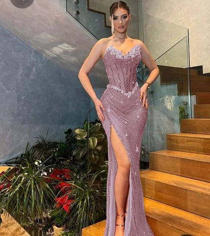 Sweetheart  Strapless Sleeveless Stuning Beaded Slit Prom Dress
