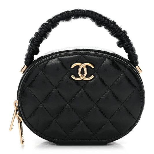 Lambskin Quilted Ruched Top Handle Vanity Case Black