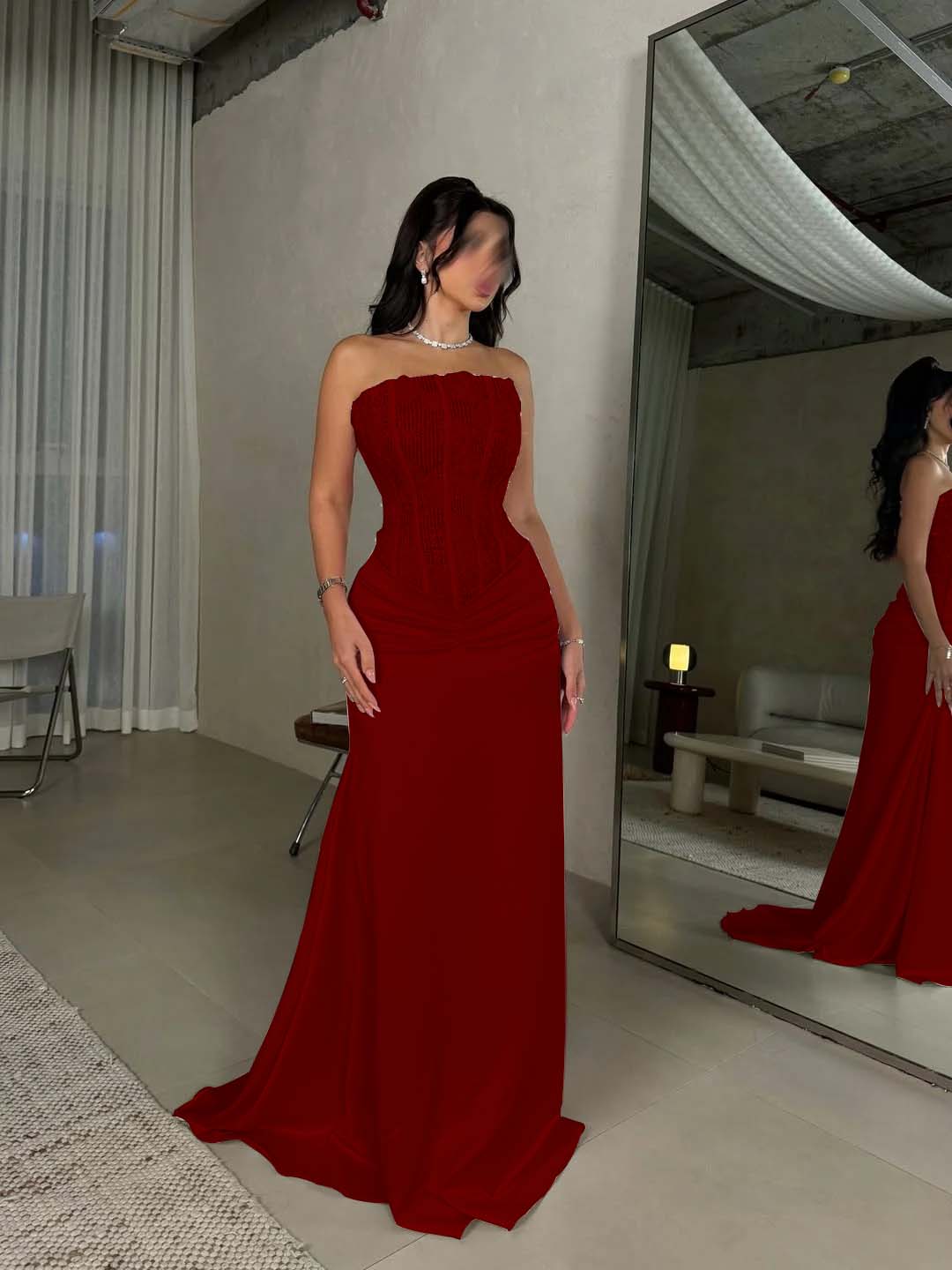 Sleeveless Square Mermaid Strapless Beads Prom Dress