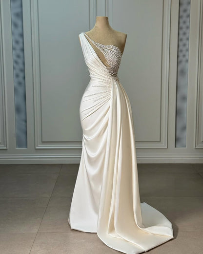White Strapless Sleeveless Pleated Mermaid Prom Dress With Beads
