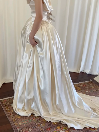 Gentle Vintage Ball Gown Straps Pleated Ivory Satin Wedding Dress SH5075
