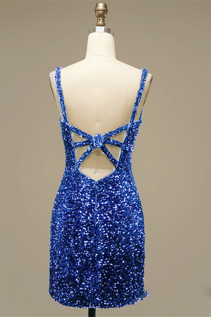 Royal Blue Sheath V Neck Straps Back Sequins Mini Homecoming Dress