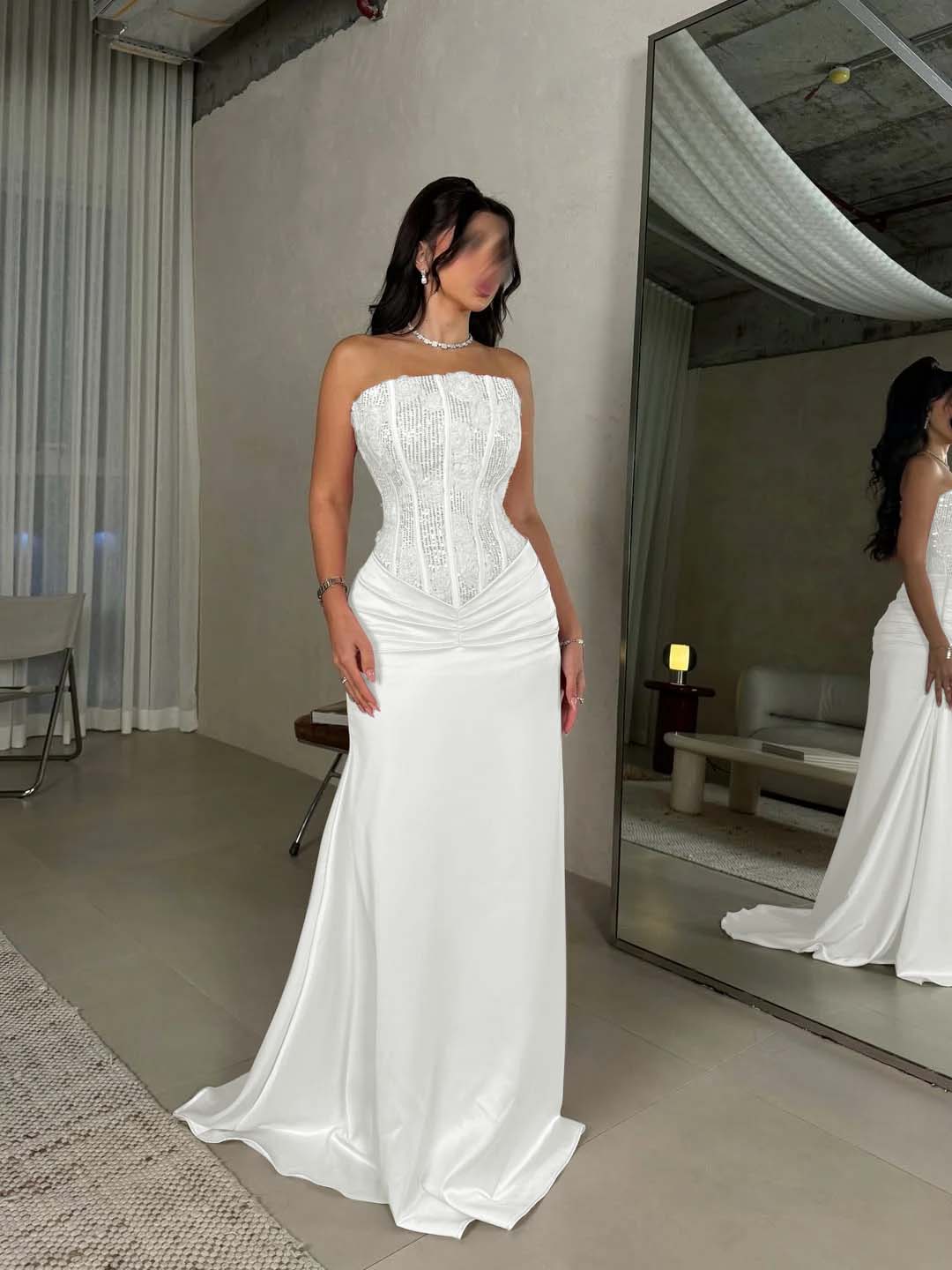 Sleeveless Square Mermaid Strapless Beads Prom Dress