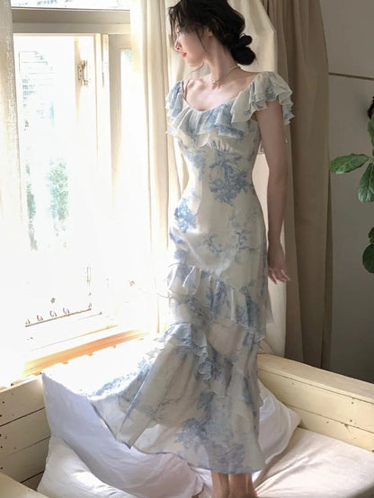 Gentle Mermaid Strap Print Flower Blue Chiffon Party Dress Evening Dress SH2869