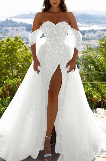 Off-the-Shoulder Sequins Sky Blue Prom Dress With Slit