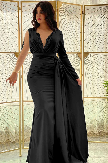 Mermaid Long Sleeves Prom Dress Slit With Ruffle