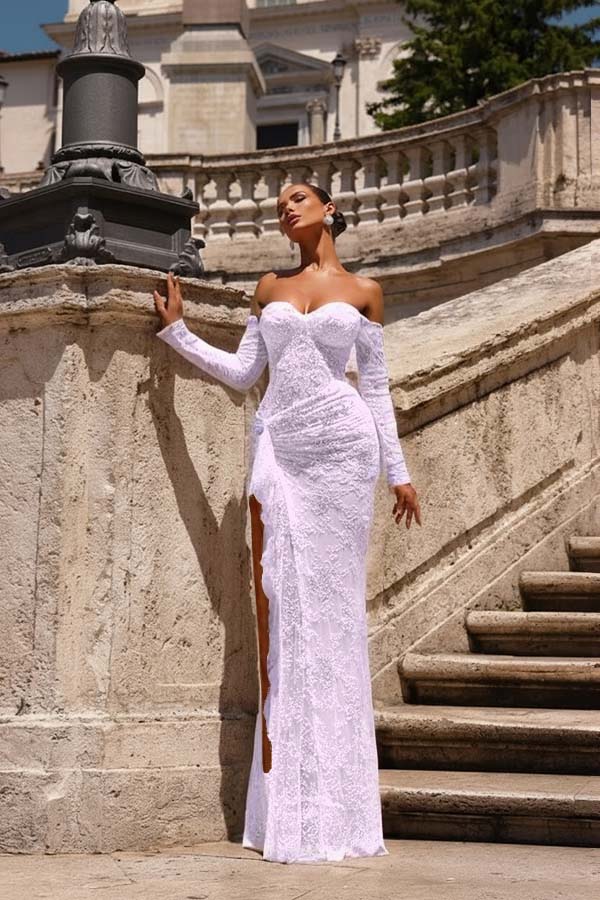 Champagne Lace Strapless Split Prom Dress With Long Sleeves