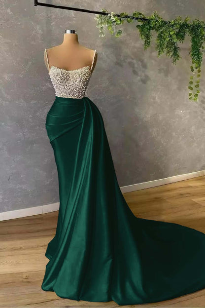 Gorgeous Spaghetti-Straps Pearl Mermaid Evening Dress With Sequins Pleated