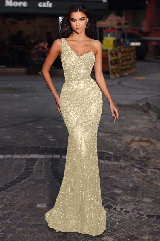 Green One Shoulder Sleeveless Mermaid Princess Prom Dress With Sequins