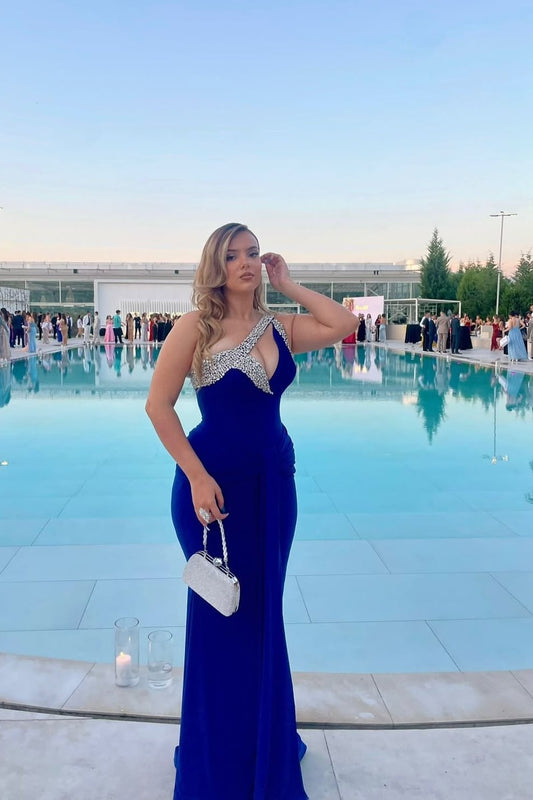 Royal Blue V Neck Mermaid Prom Dress With Beads