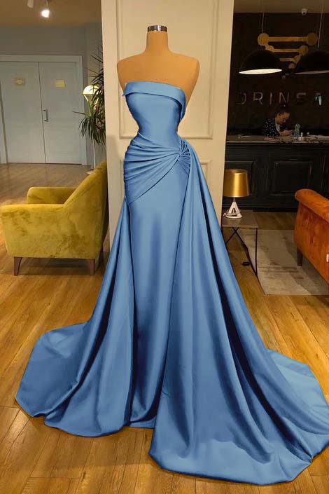 Strapless Baby Blue Elegant Mermaid Evening Dress Long With Ruffle