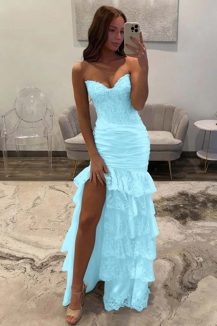 Sleeveless Strapless Long Split Evening Dress With Sequins Pleated