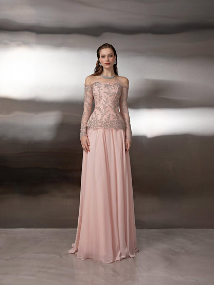Long Sleeves Square Strapless Prom Dress With Appliques