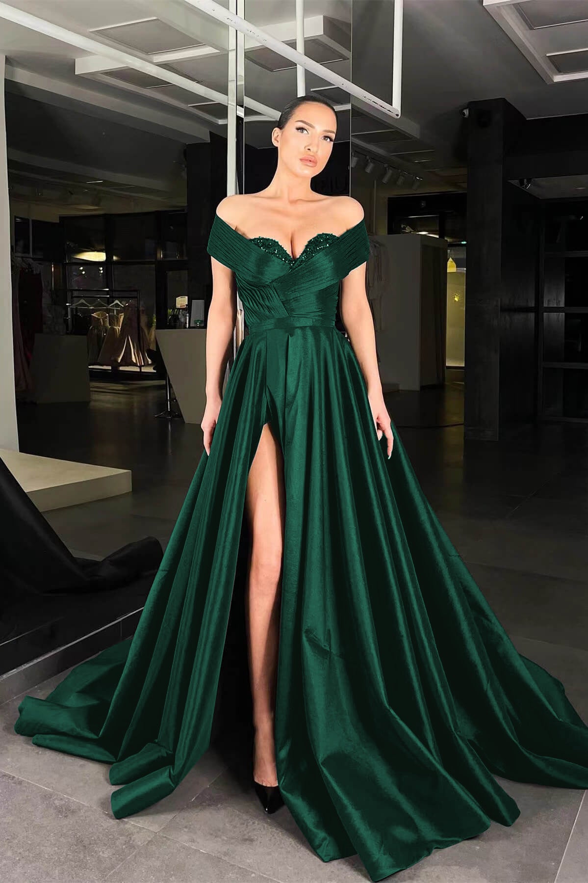 Black Long Off The Shoulder Beads Prom Dress A Line Slit