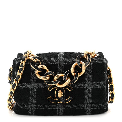 Wool Tweed Quilted Small Elegant Chain Flap Black Grey