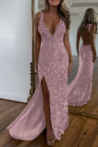 Charming Gold Sequins Spaghetti Strap Sleeveless V Neck Long Prom Dress with Split