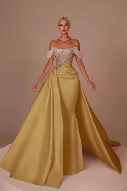 White Off-the-Shoulder Sequins Long Prom Dress Sleeveless with Beads