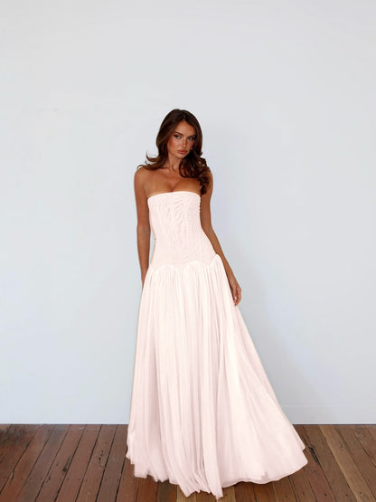 Charming Straight Across Sleeveless Pleated Tulle Evening Dress