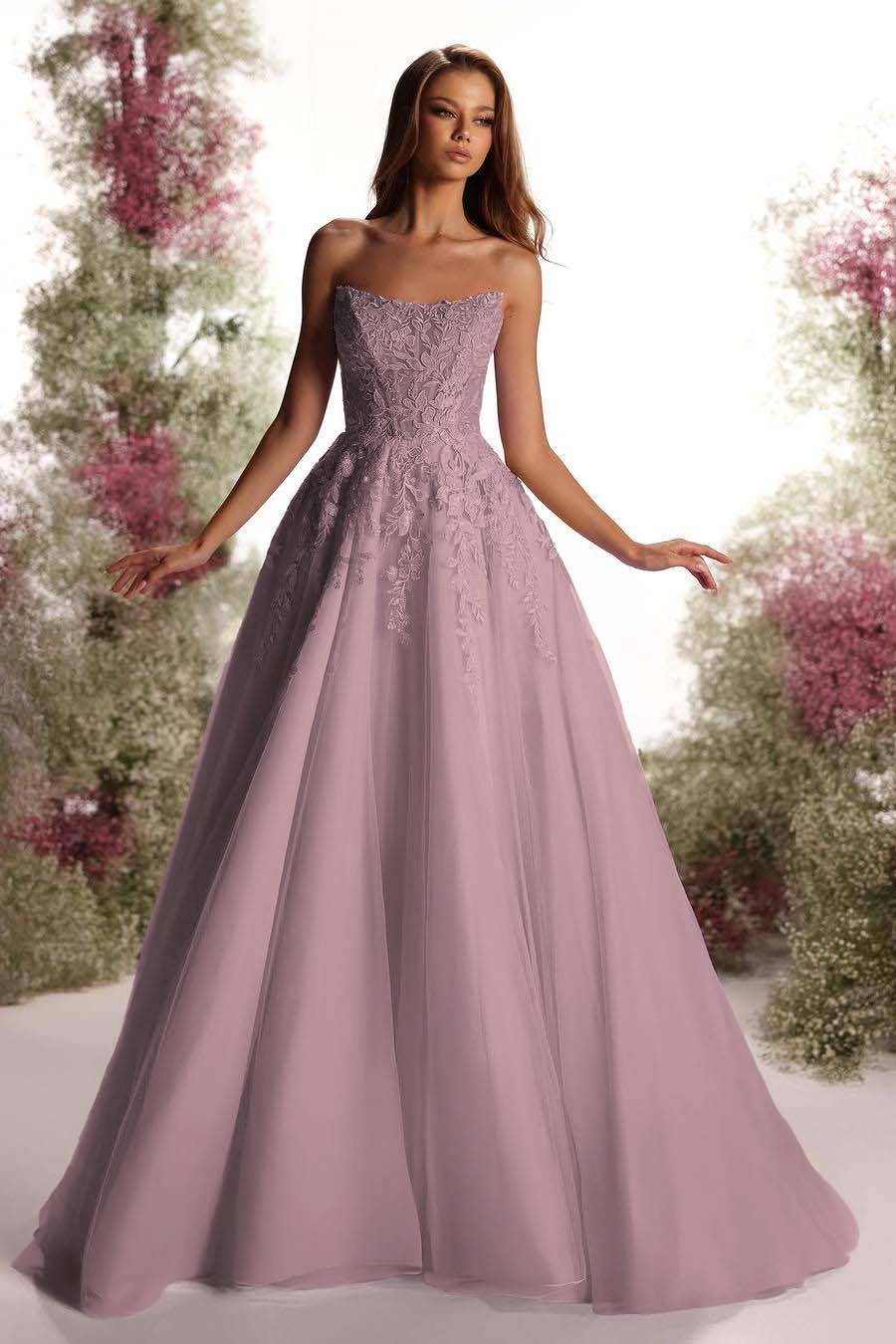 Beautiful Purple Tulle Sleeveless Strapless Applique A Line Prom Dress with Pleated