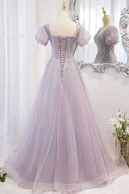 Lace-Up Prom Dress Beadings Short Sleeves With Square Online