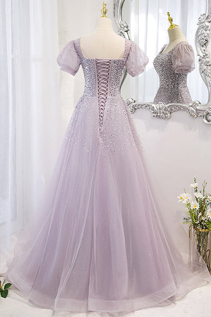 Lace-Up Prom Dress Beadings Short Sleeves With Square Online