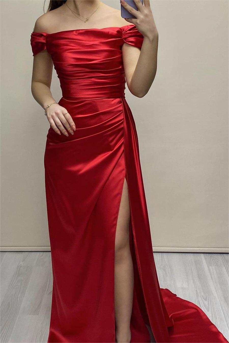 Elegant Black Off the Shoulder Sleeveless Pleated Long Evening Dress with Split