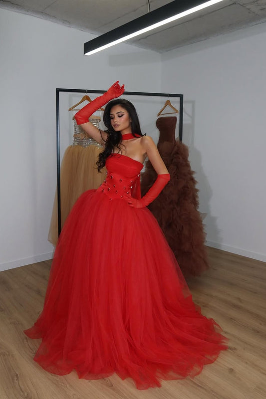 Red Sleeveless Strapless Square A Line Long Prom Dress With Gloves