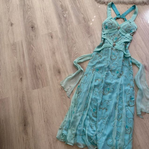 Classy Light Blue V Neck Chiffon Beaded Mermaid Long Party Dress Backless Evening Gown D1910