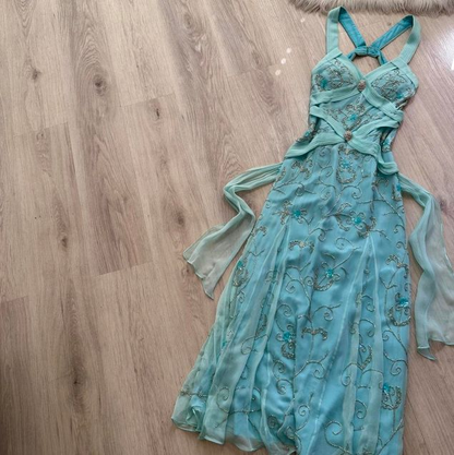 Classy Light Blue V Neck Chiffon Beaded Mermaid Long Party Dress Backless Evening Gown D1910