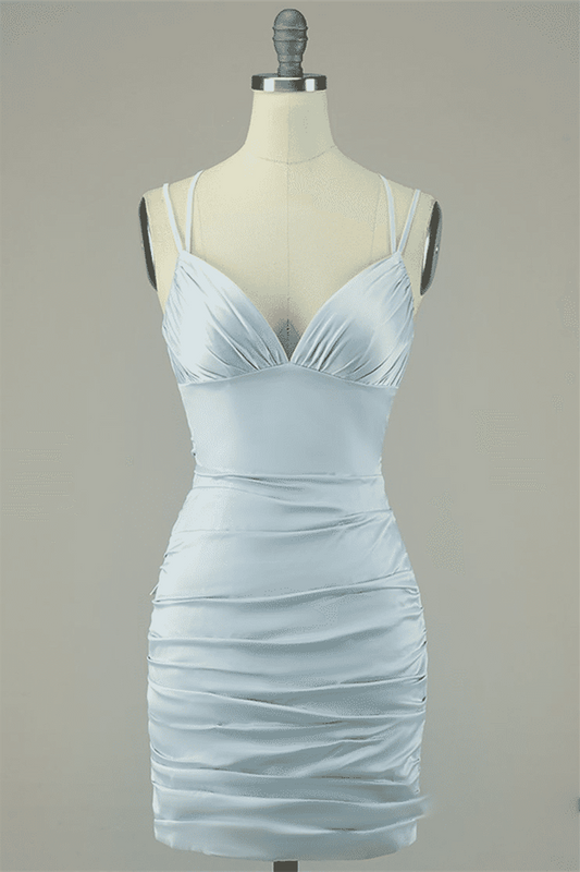Grey Sheath Double Straps Lace-Up Back Pleated Satin Mini Dress