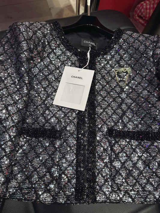 CC Plaid Jacket With Sparkling Beading and Black Stone Border