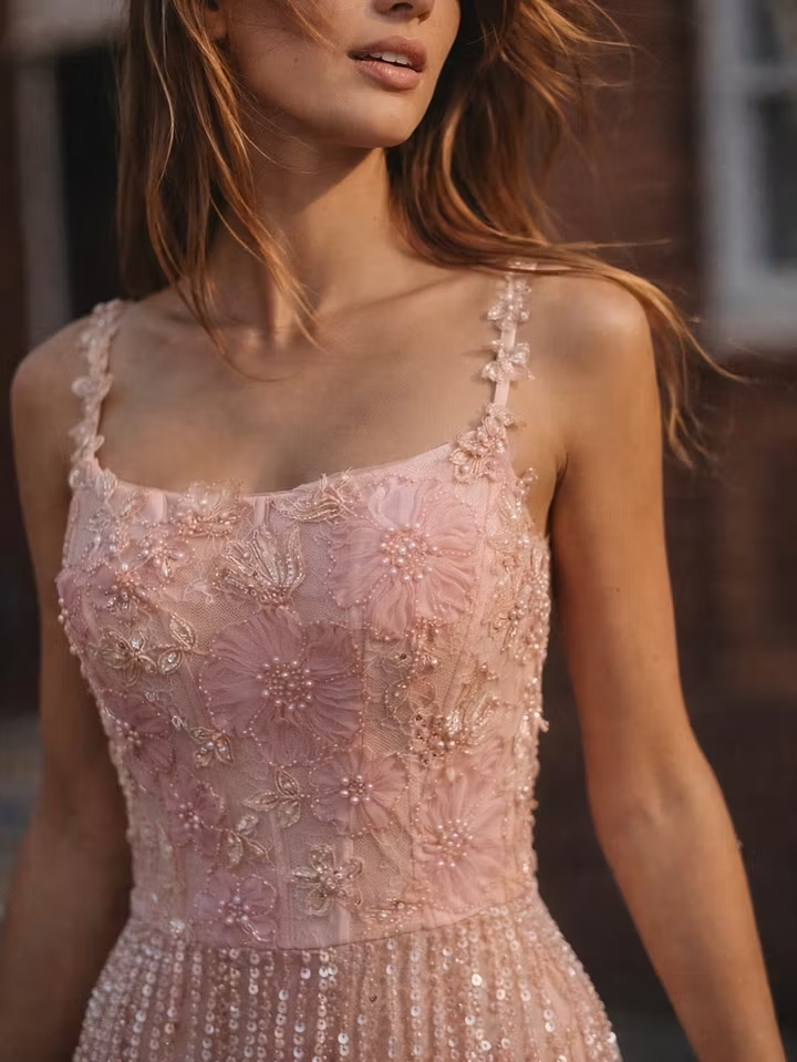 Romantic Pink Spaghetti-Straps Applique Beadings Sleeveless Evening Dress