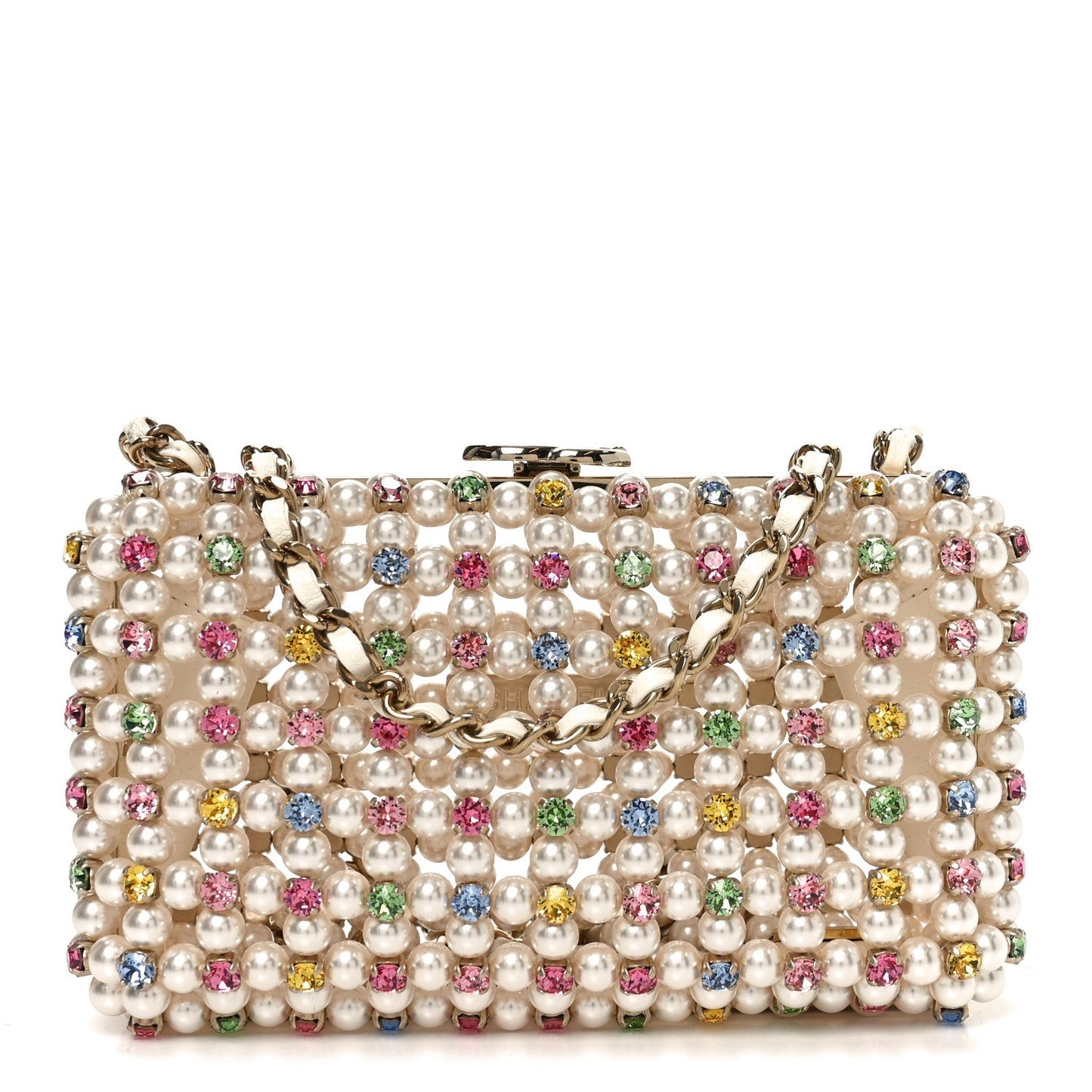 Metal Pearl Minaudiere CC Evening Bag White Gold Multicolor