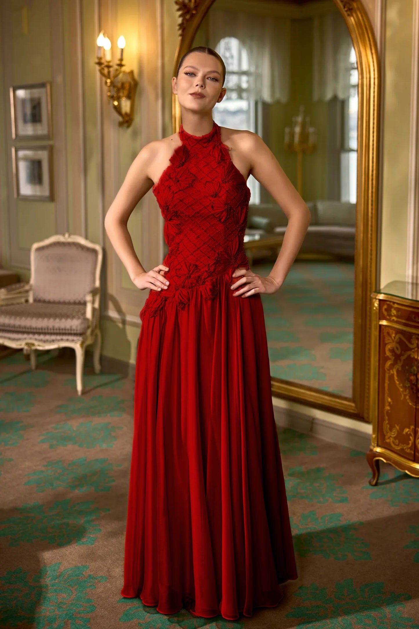 Halter Evening Dress Floor Length Sheath with Beading and Flower