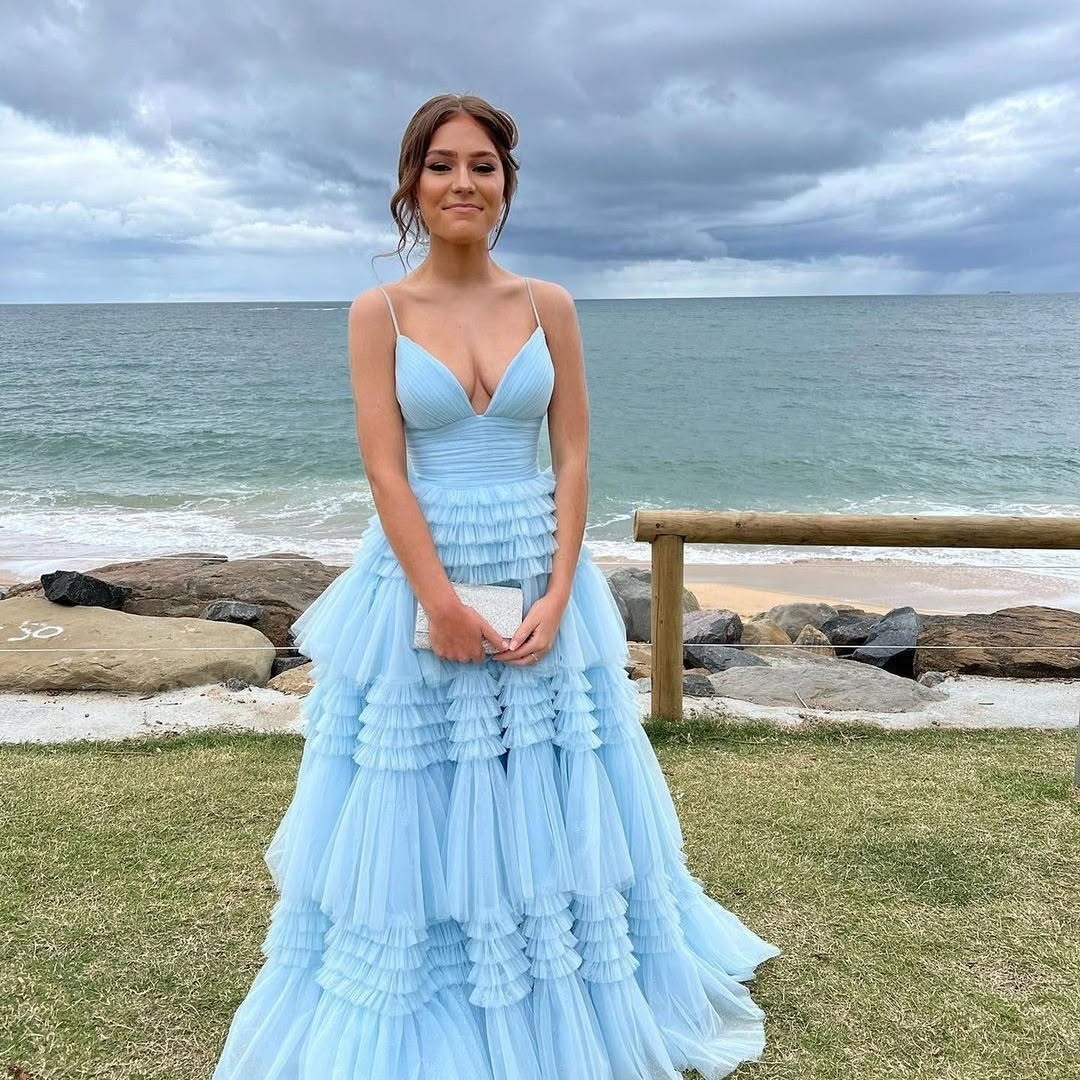 Baby Blue Deep V-Neck Spaghetti Straps A-Line Prom Dress