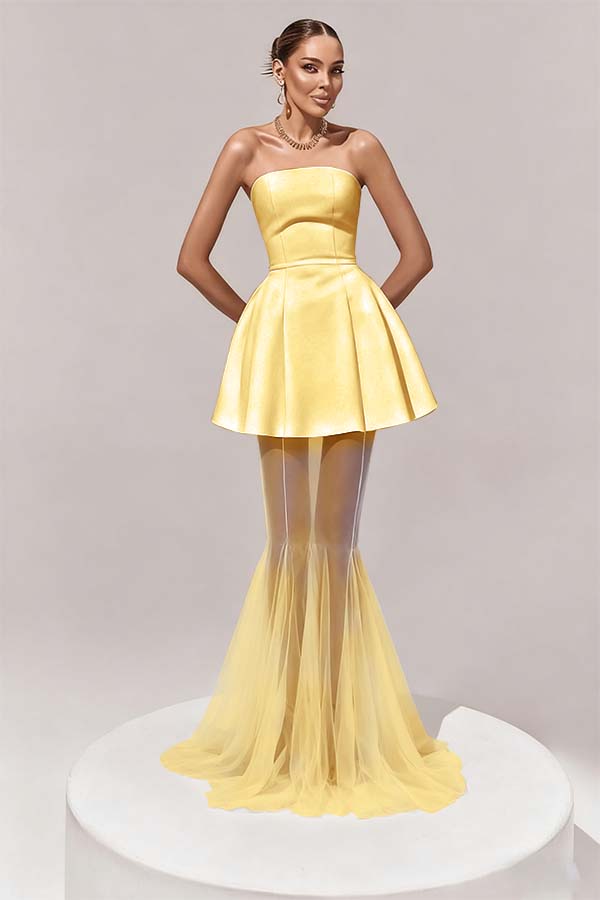 Stunning Black Sleeveless Strapless Prom Dress with Removable Hem