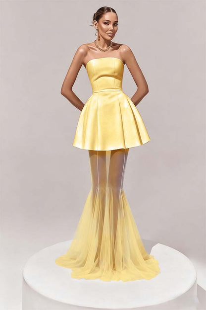 Stunning Black Sleeveless Strapless Prom Dress with Removable Hem