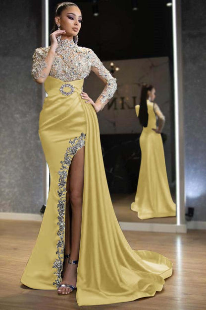 Royal Blue Long Sleeves Split Beadings Mermaid Prom Dress With Ruffles