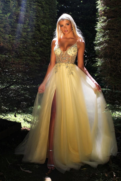 Sleeveless Spaghetti Straps V-Neck A-Line Prom Dress With Beads
