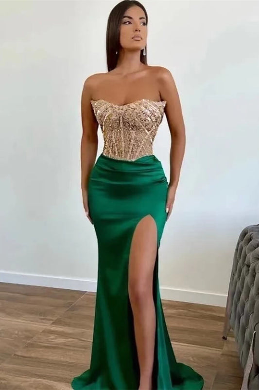 Green Applique Beadings Mermaid Prom Dress Slit With Strapless