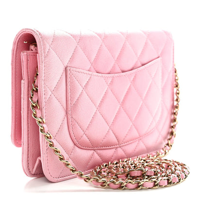 Iridescent Calfskin Quilted Wallet On Chain WOC Rose Pink