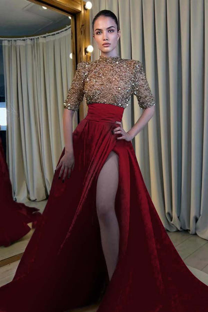 High Neck Mermaid Evening Dress Short Sleeves