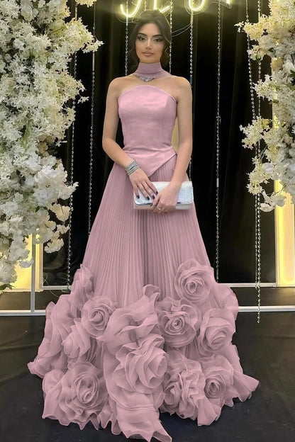 Strapless Sleeveless Long Ruffle Evening Dress With Flower Pleated