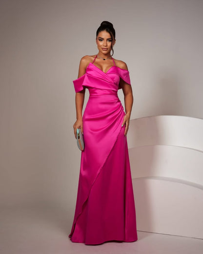 Baby Blue Sleeveless Halter Strap Off-Shoulders V-Neck Prom Dress
