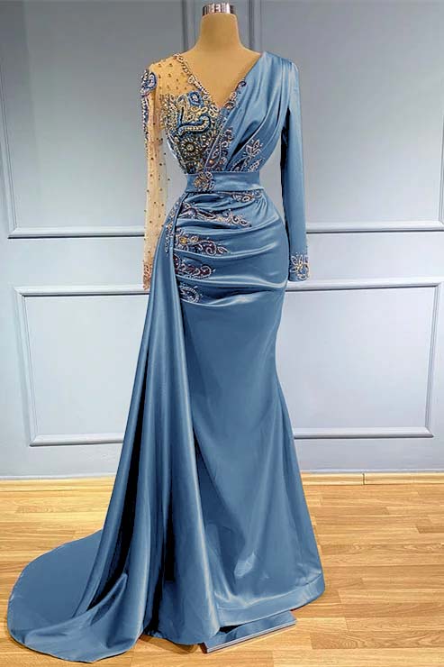 Long Sleeves Beadings Prom Dress V Neck Mermaid