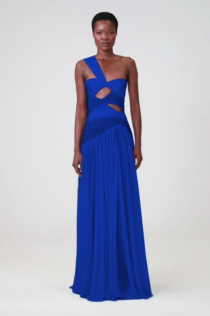 Charming Blue Sleeveless One Shoulder Long Evening Dress with Sequins
